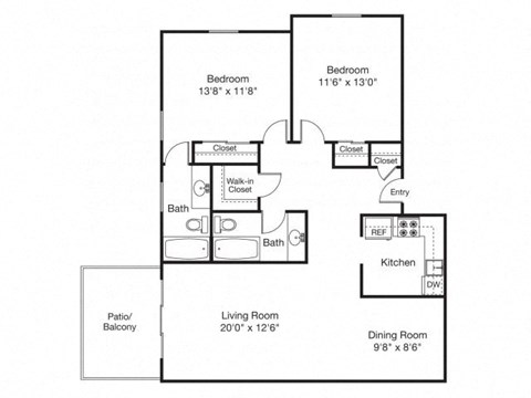 Floor plan for 2 beds, 2 baths, 1050 sqft